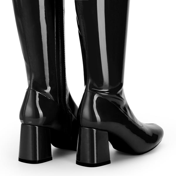 Desire Square Toe Chunky Knee High Gogo Boots - BLACK PATENT PU - 4